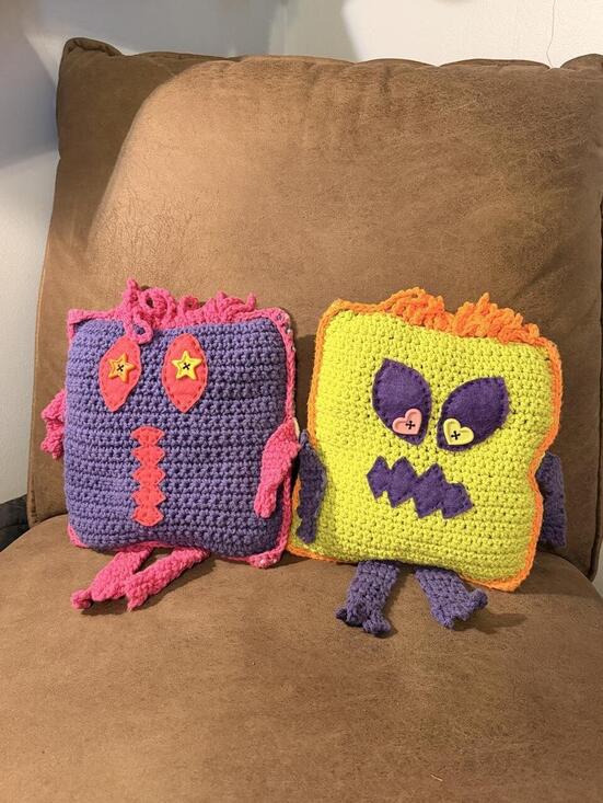 Other - Unique Handmade Crochet Monster Pillows Set of 2 Square Stuffed Character Plush